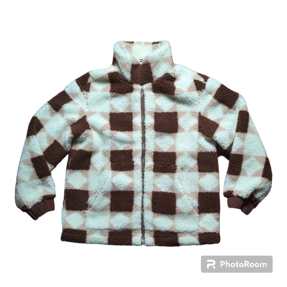 Madewell Sherpa quilted bomber women's jacket in patchwork stars XS white brown - Picture 5 of 11